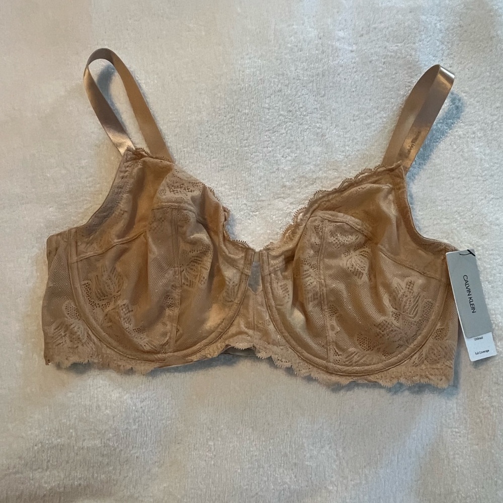 Calvin Klein Lace Unlined Full Coverage Bra NWT Style QF1741 Beige SZ 44C